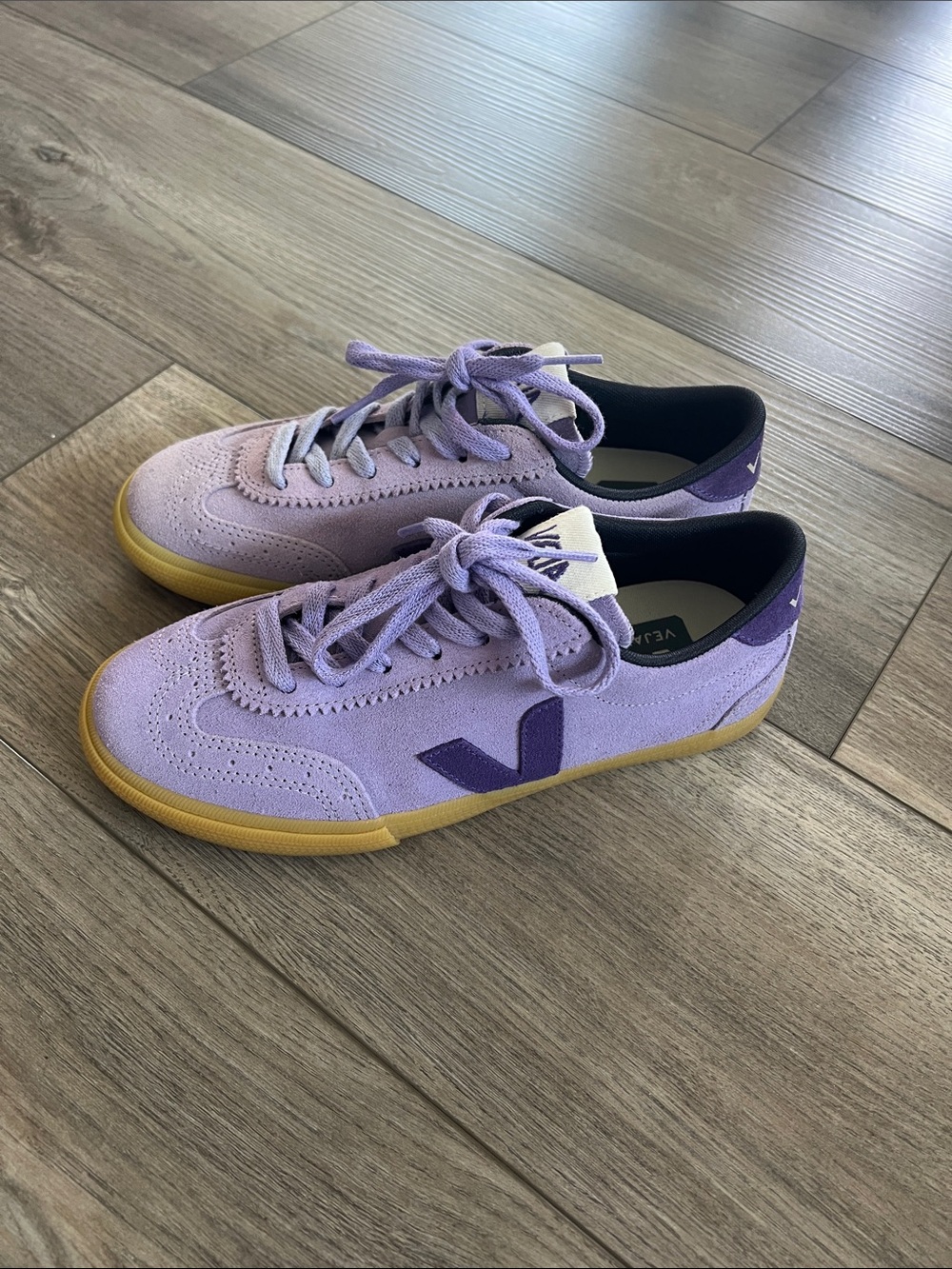 Veja Lavender Suede Low-Top Sneakers with Purple Logo and Gum Sole